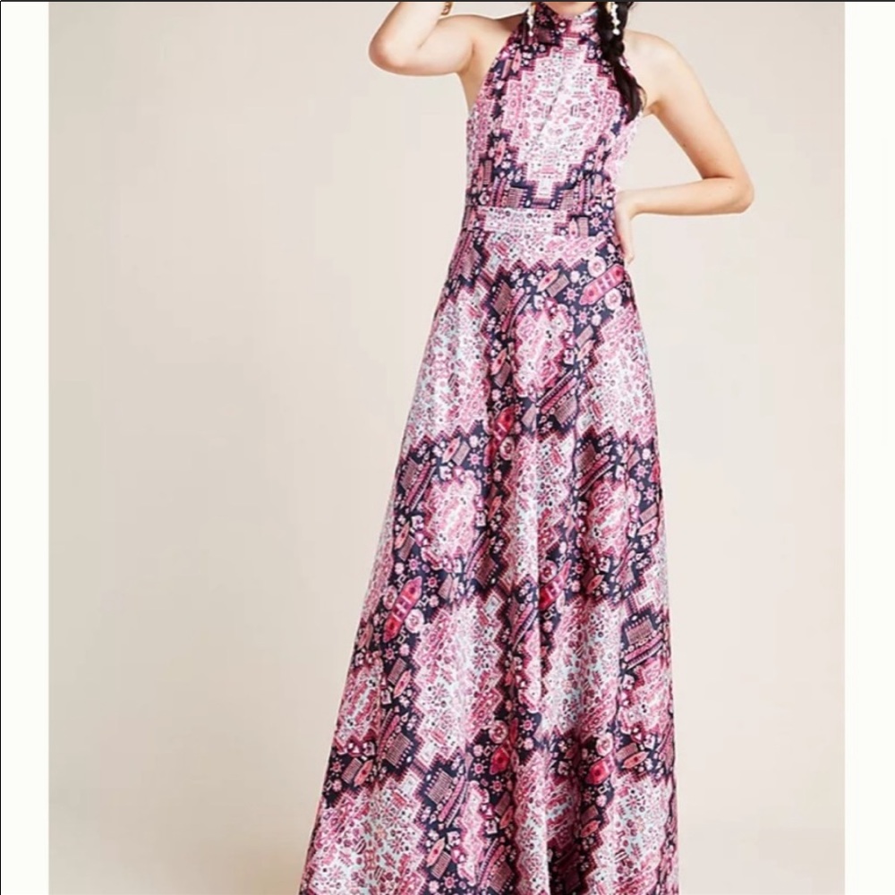 Anthropologie Pink and Purple Patterned Maxi Dress